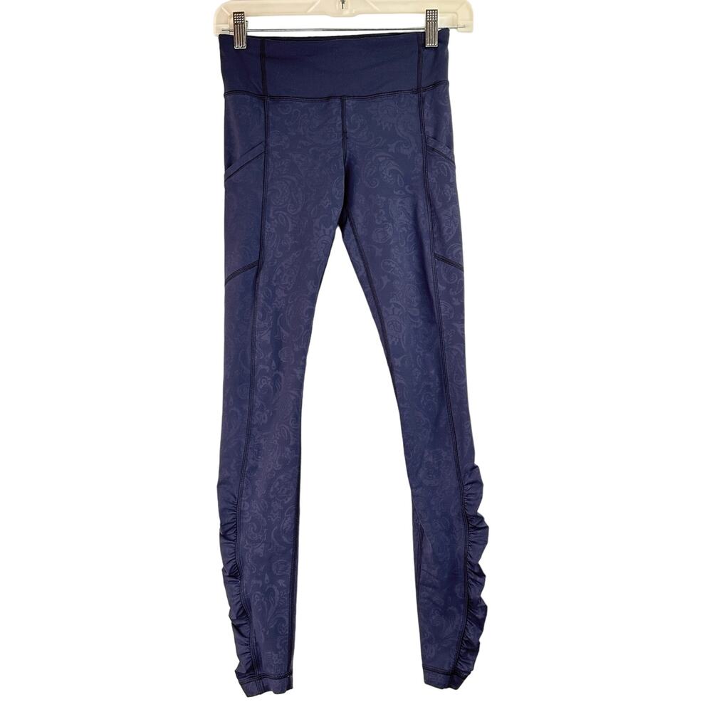 Lululemon Navy Blue Paisley Ruched Speed Lux Tights Leggings Size 4